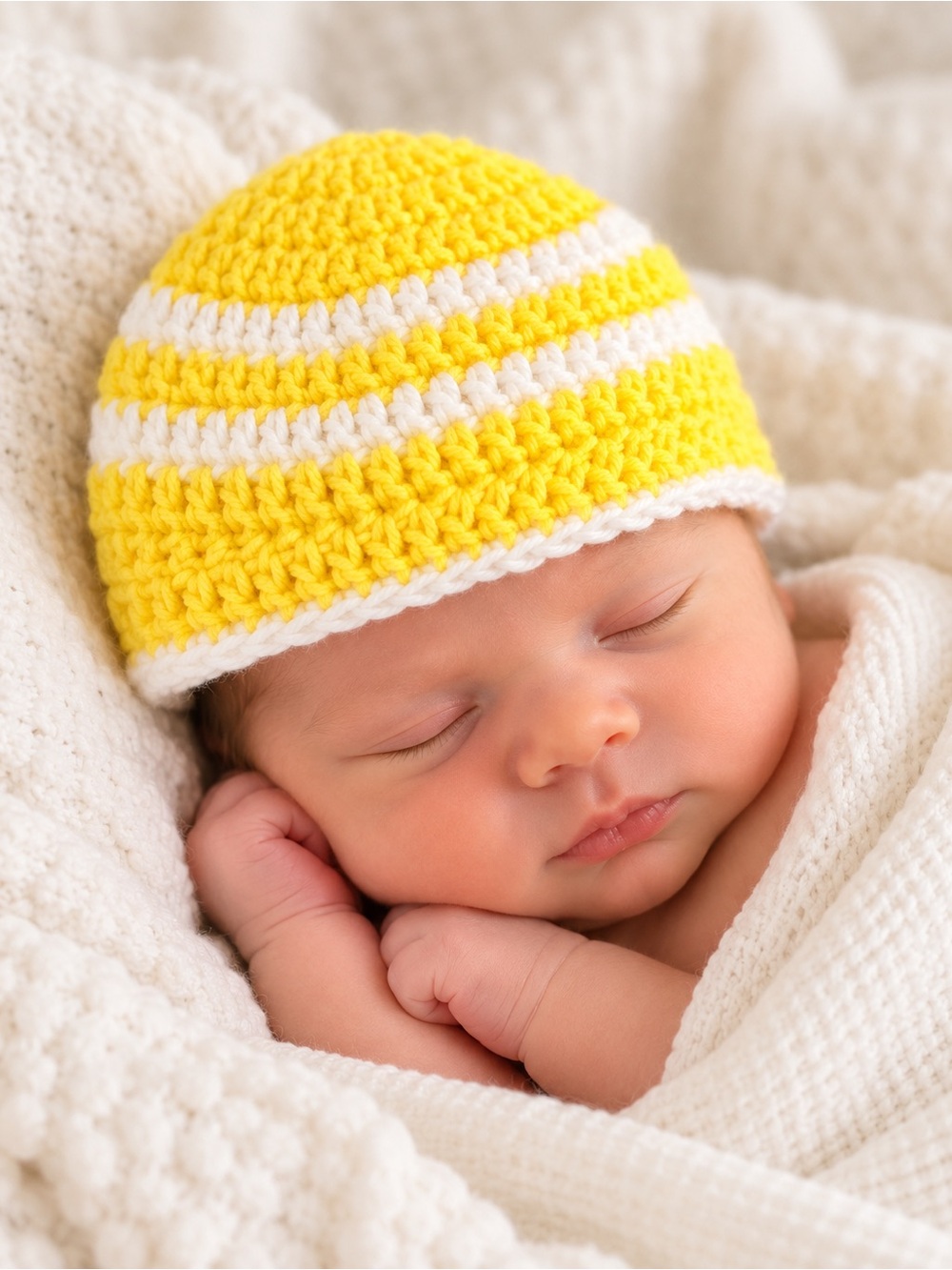 Handmade Crochet Newborn Baby Hat Yellow White Striped Beanie 0-3 months